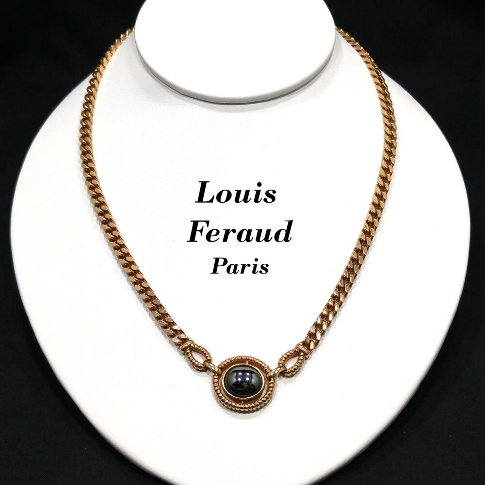 Louis Feraud Paris Gold Plated Pendant Necklace, Hematite Pendant, 1970s Vintage